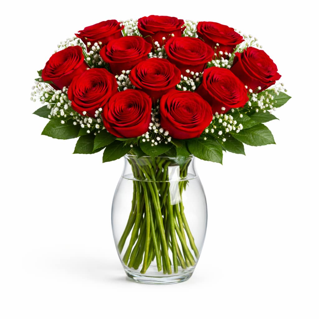 One Dozen Red Roses in a Vase
