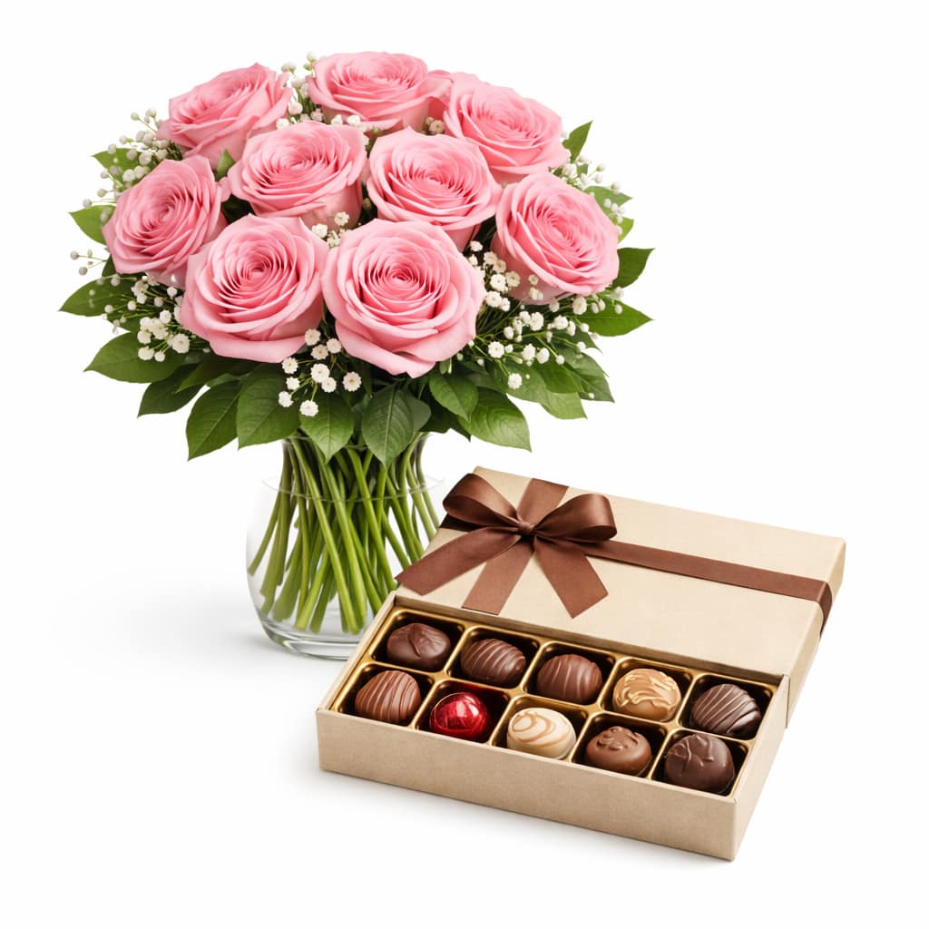 Regal Hearts Pink Roses with Chocolates
