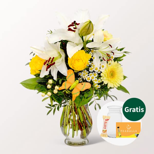 Flower Bouquet Sonnengelb with Vase and 3 Ferrero